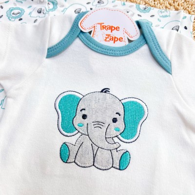  CONJ. DE MALHA 3 PEÇAS - Elefantinho e Safari - Verde Menta e Off White